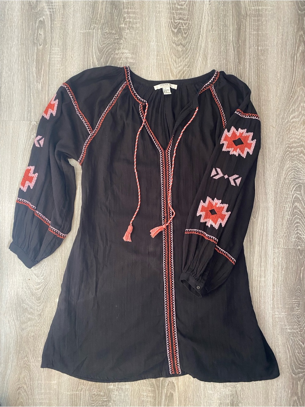 Forever 21 Contemporary Embroidery Black Peasant Tunic with Coral Accents